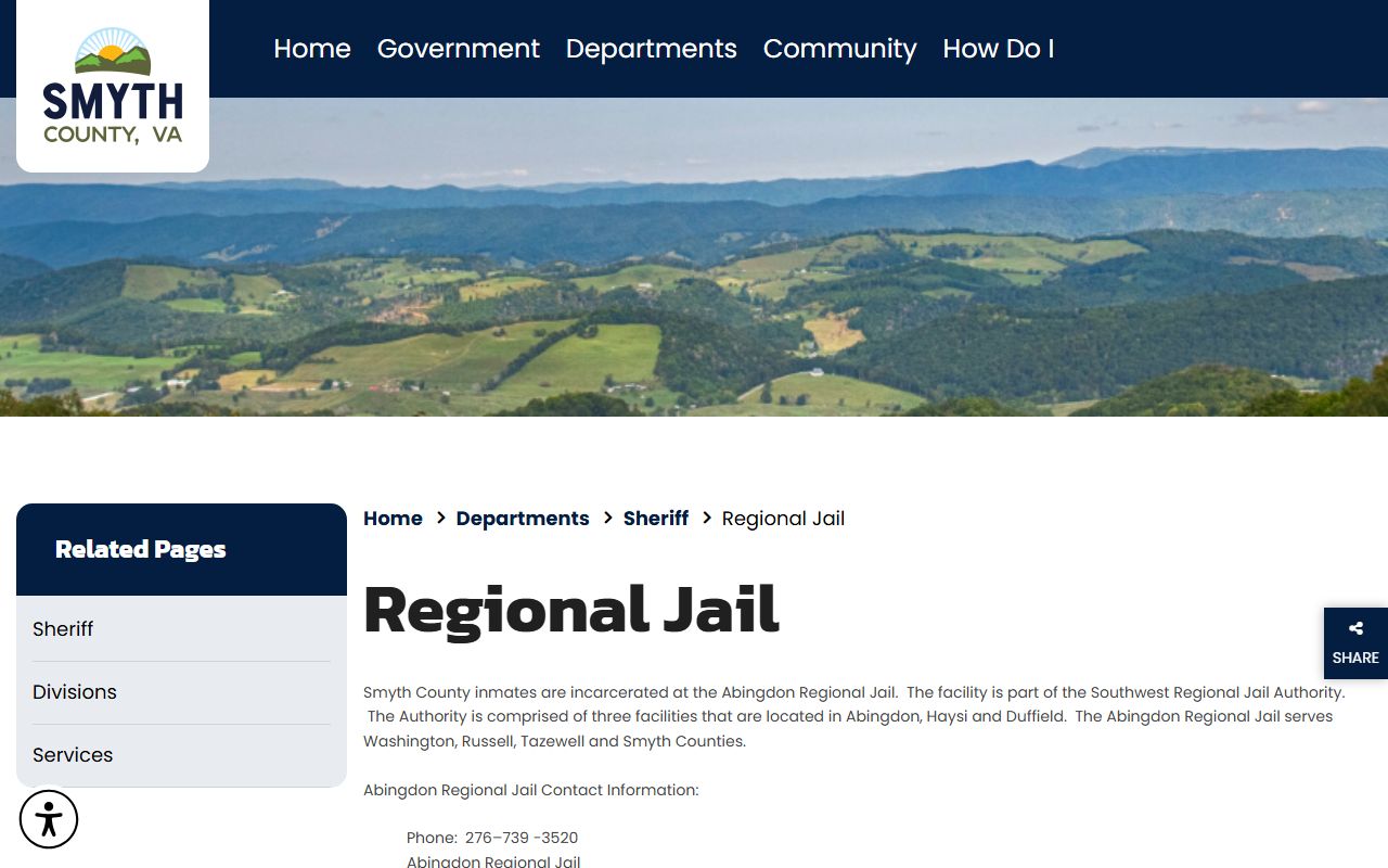 Smyth County regional jail page naming Abingdon Regional Jail for county inmates