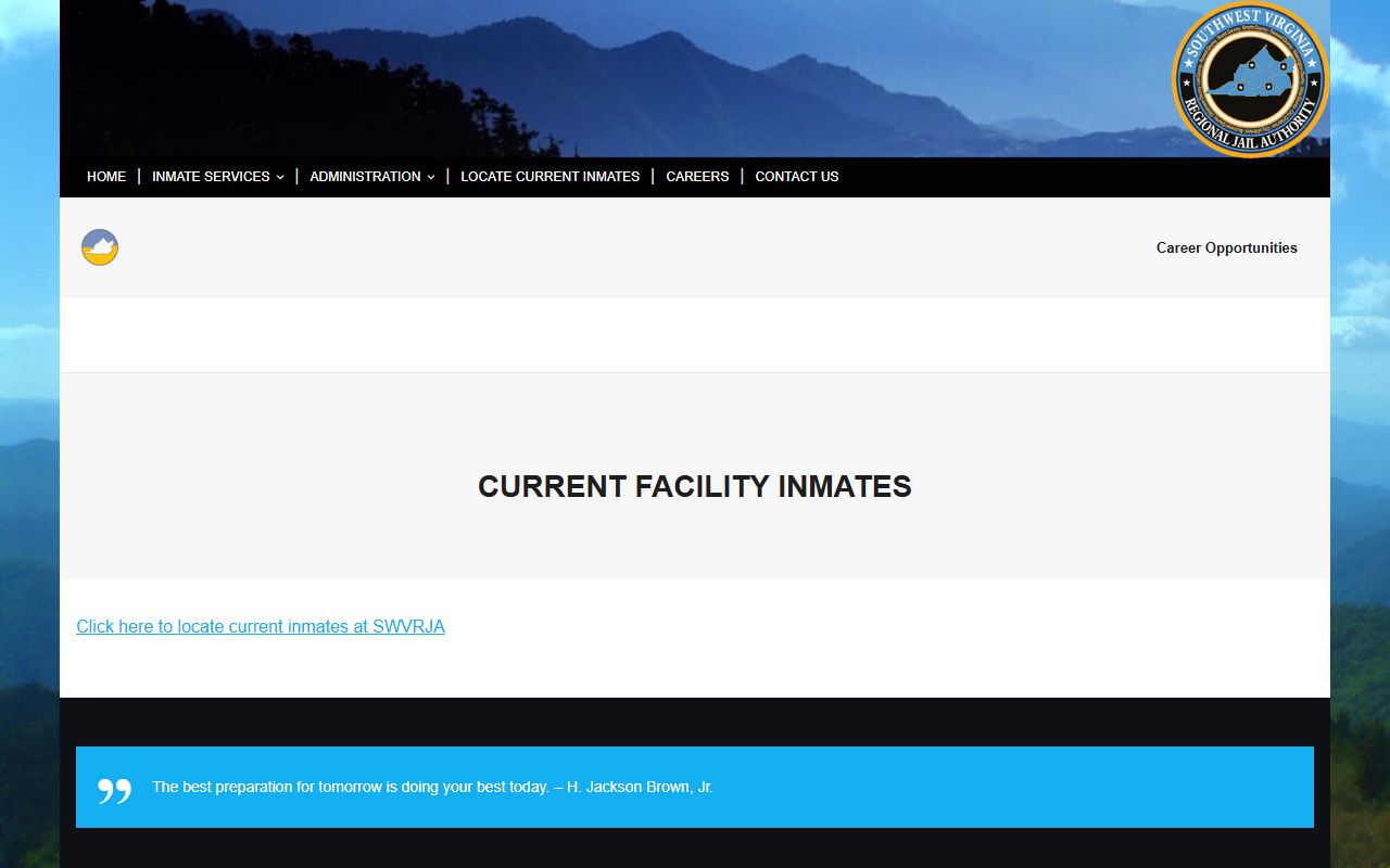 SWVRJA current facility inmates page linking to JailTracker