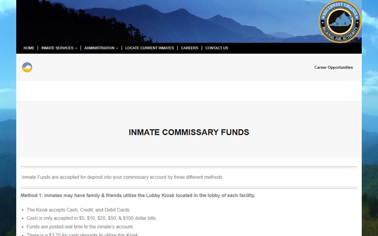 SWVRJA inmate funds page with kiosk JailATM and money order instructions