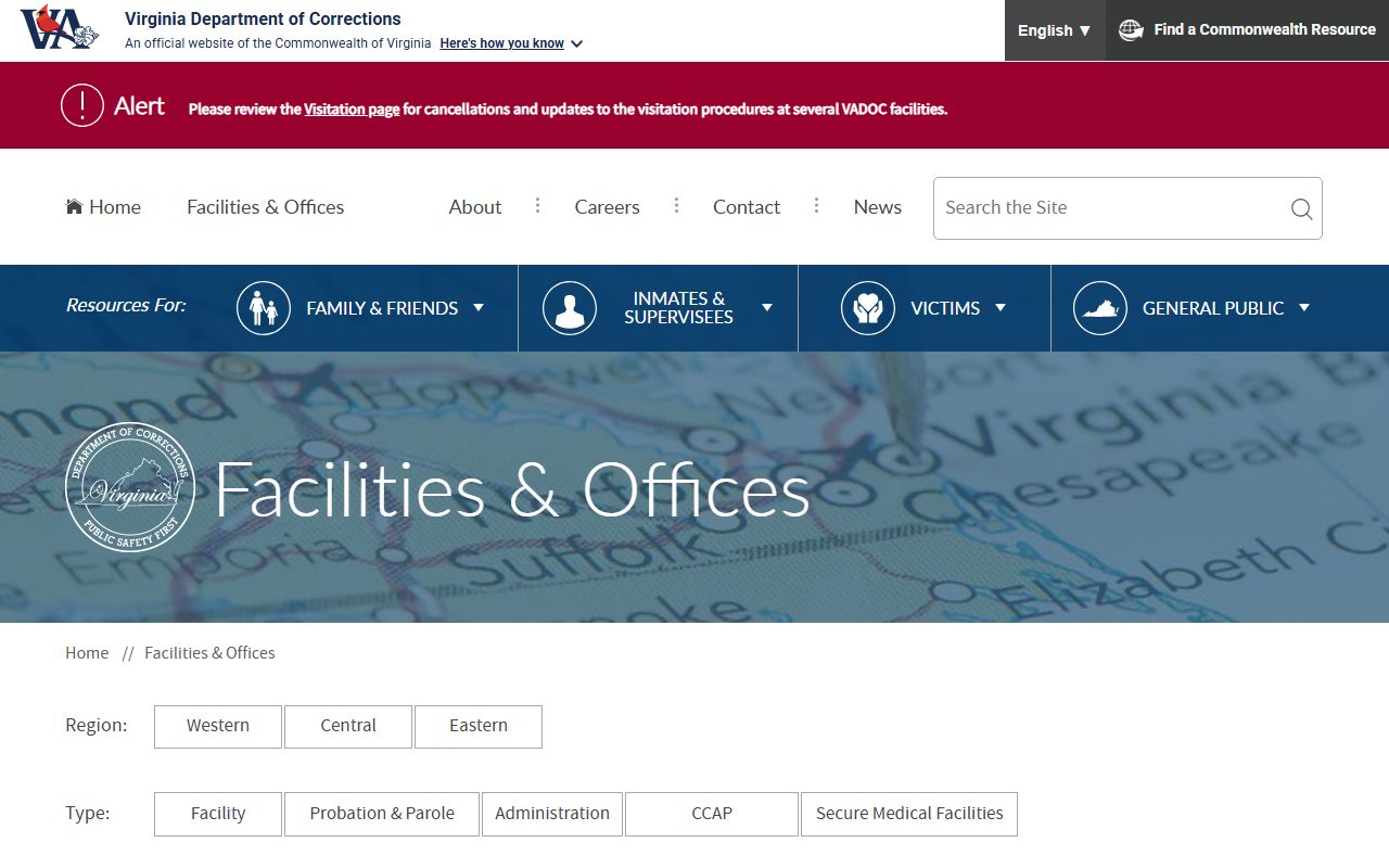 VADOC facilities directory showing Marion Correctional Treatment Center contact information