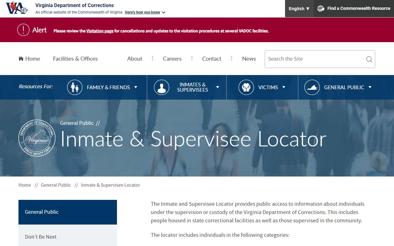 VADOC inmate and supervisee locator search form